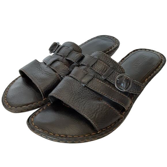 Born Black Pebble Leather Slide Sandals Y2K Womens 9 Buckle W31976 2000s - Picture 1 of 12
